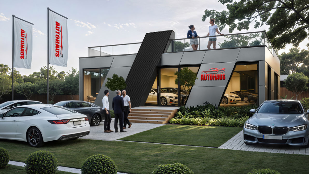 Showroom motoryzacyjny z tarasem – nowoczesny pawilon modułowy Serii ZEZ o powierzchni 72 m²