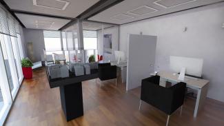 GLASS 150m2, Widok wykończenia biura obiektu modułowego.