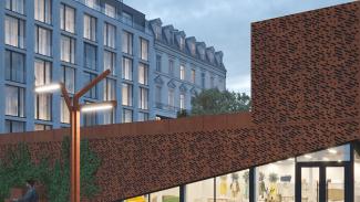 High Cube - Pawilon wystawowy, zbliżenie na wzory perforacji Corten.