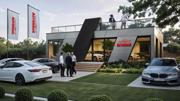 Showroom motoryzacyjny z tarasem – nowoczesny pawilon modułowy Serii ZEZ o powierzchni 72 m²